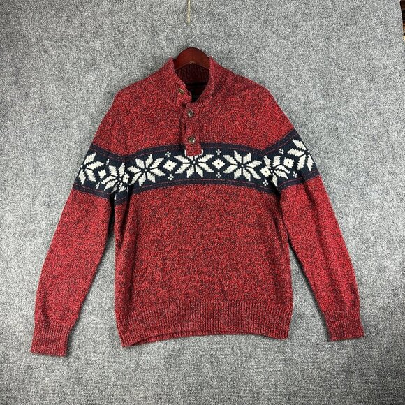 Abercrombie & Fitch Sweater Mens Large Red Cotton Ribbed Cuffs Pullover Button - Picture 1 of 8